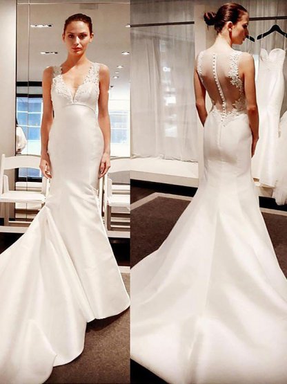 Court Train Sleeveless Sexy Mermaid Satin V-neck Wedding Dresses UK-27Dress.co.uk