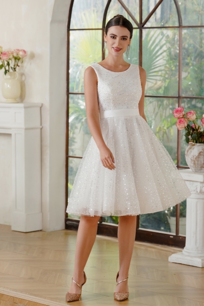 Ivory Scoop Neck Sequined Short Evening Dress Sleeveless Knee Length Chiffon Formal Dress