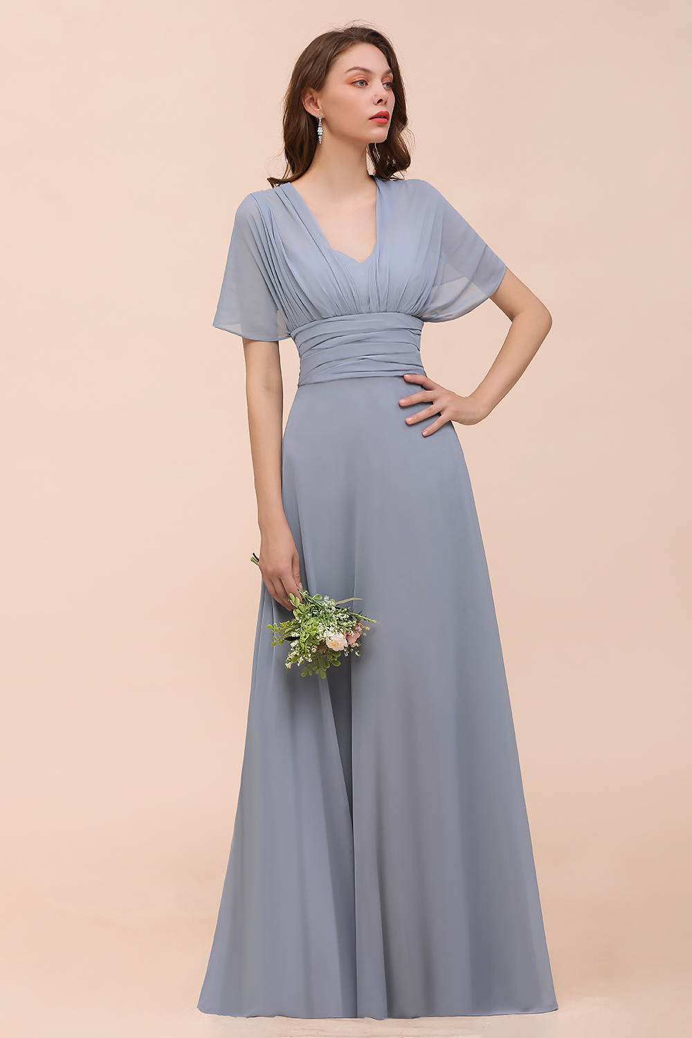 Elegant Dusty Blue Chiffon Long Bridesmaid Dress