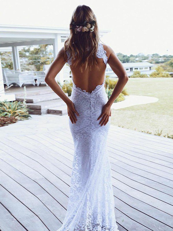 Lace Sexy Mermaid Sweep Train Sleeveless Halter Wedding Dresses UK-27Dress.co.uk