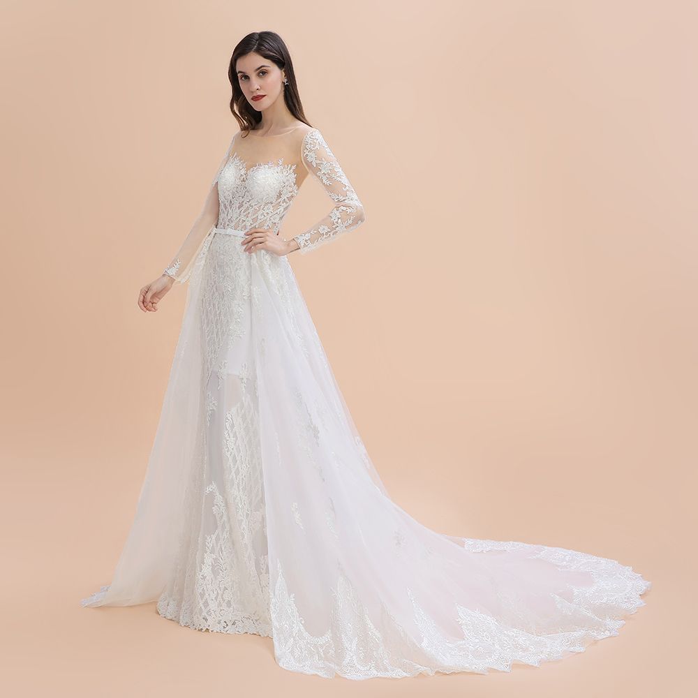 Luxury Beaded Lace Mermaid Wedding Dresses Tulle Appliques with Detachable Train