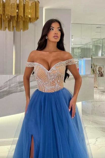 Sweetheart Off-Shoulder Dazzling Blue Tulle Long Prom Dress V-Neck A-Line Front-Split Evening Dress