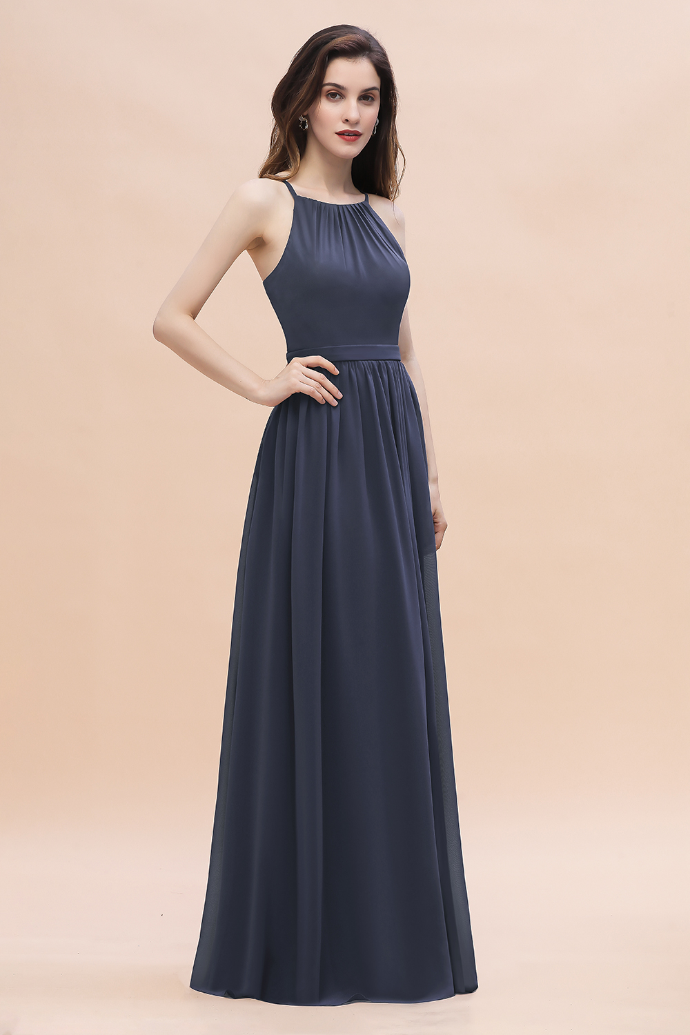 Halter Ruched Chiffon Long Stormy Bridesmaid Dress Sleeveless