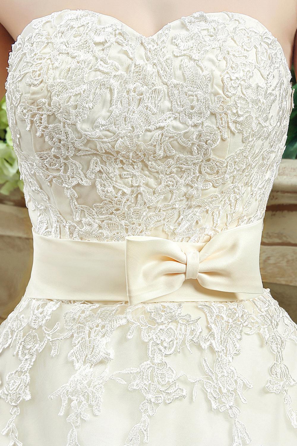 Sweetheart Lace Appliques Wedding Dress Bowknot Sweep Train