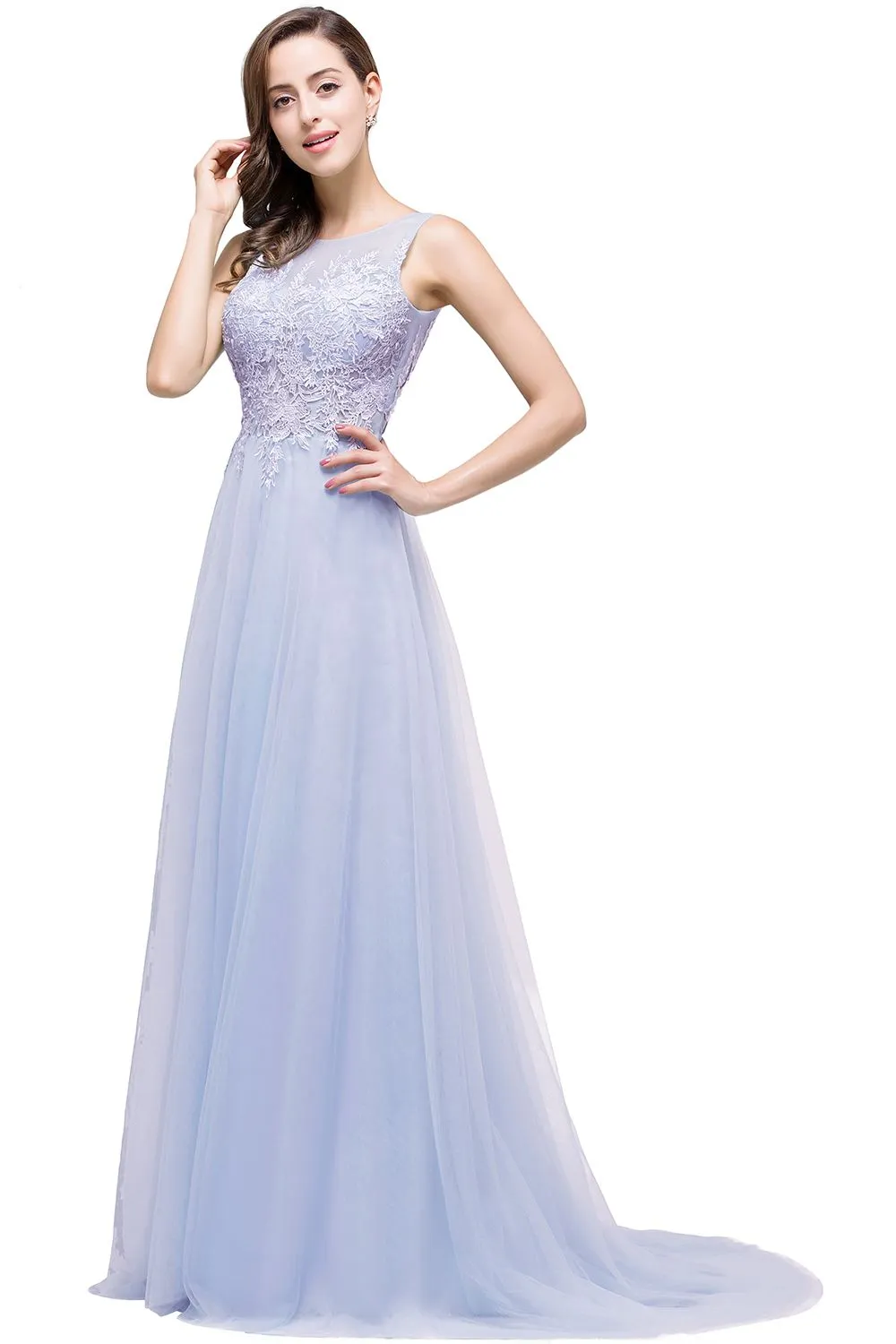 Stylish Scoop Neck Tulle Aline Evening Dress Floral Lace Long Bridesmaid Dresses Sleeveless