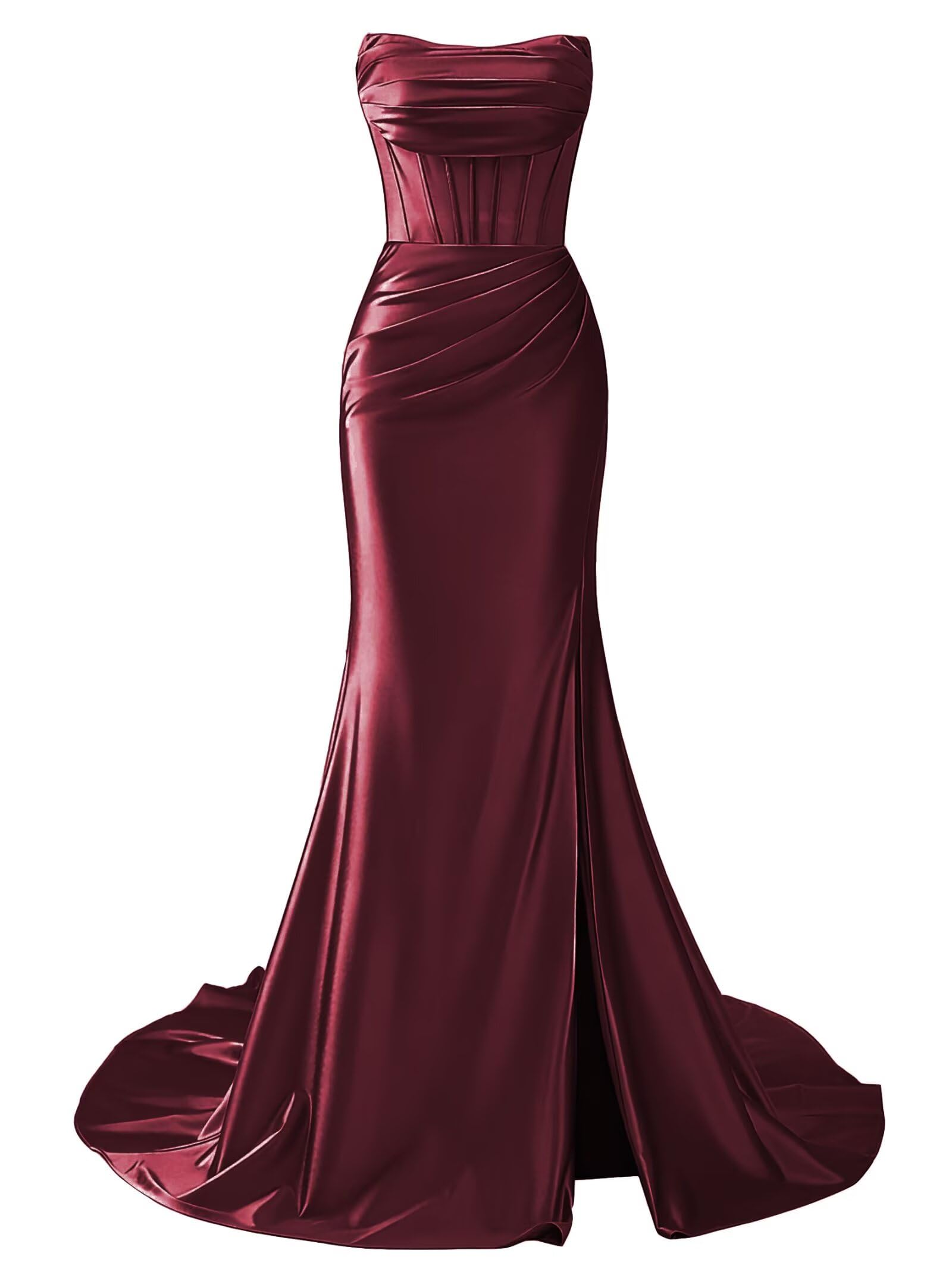 Strapless Satin Mermaid Long Prom Dresses with Slit 
