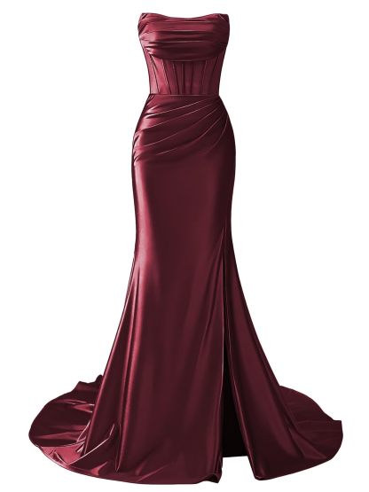 Strapless Satin Mermaid Long Prom Dresses with Slit 