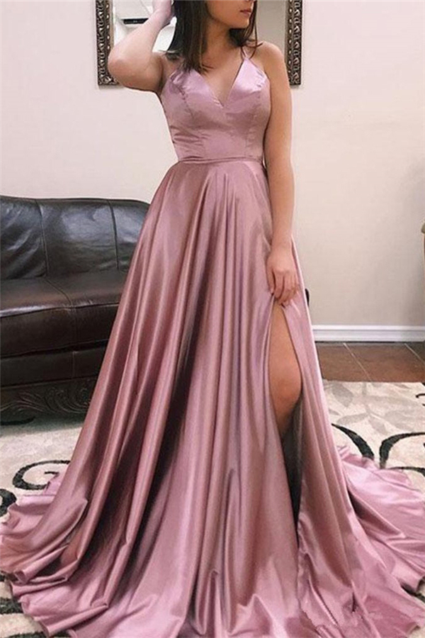 A-line Alluring V-Neck without Sleeve Front Slit Long Prom Dress UK UKes UK