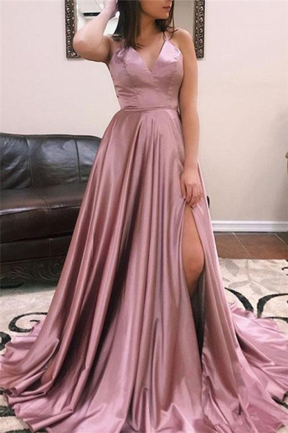 A-line Alluring V-Neck without Sleeve Front Slit Long Prom Dress UK UKes UK