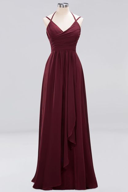 A-line Sleeveless Ruffles Chiffon Floor-Length Bridesmaid Dresses with Straps
