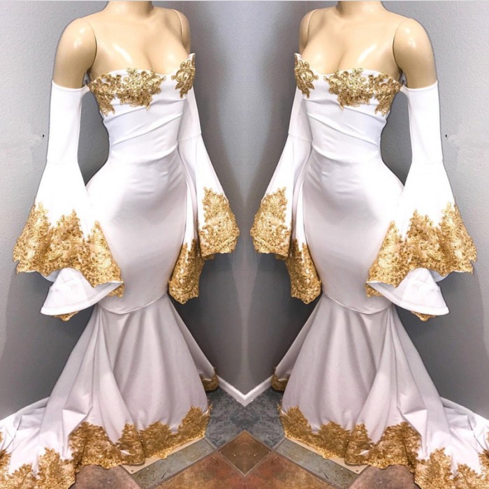 Long Sleeve Prom Dress UK with Gold Appliques Mermaid Evening Dress UK BA8276