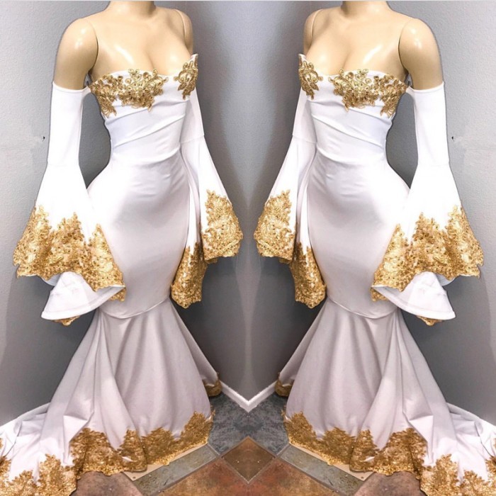 Long Sleeve Prom Dress UK with Gold Appliques Mermaid Evening Dress UK BA8276