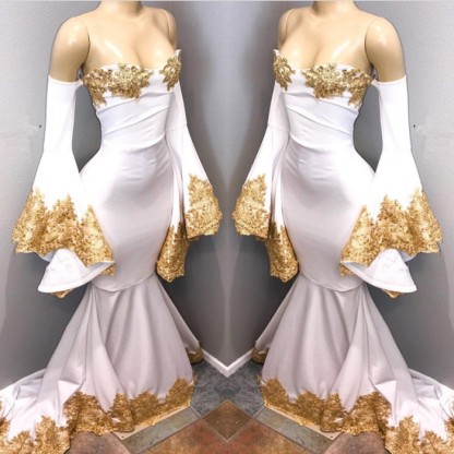 Long Sleeve Prom Dress UK with Gold Appliques Mermaid Evening Dress UK BA8276
