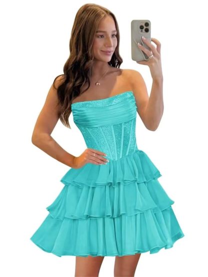  Sequin Chiffon Tiered A-Line Homecoming Dresses | Short Prom Dresses
