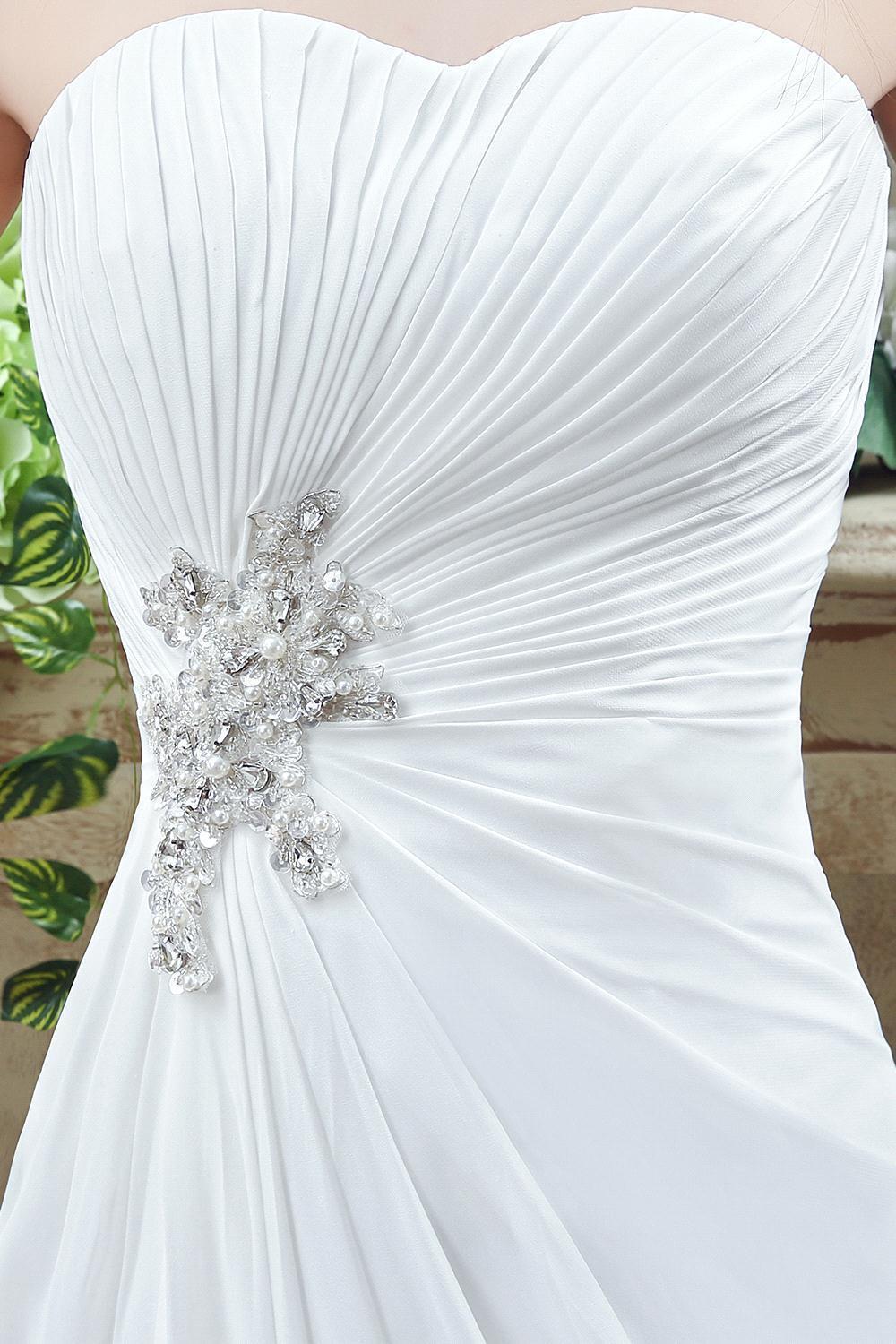 Strapless White Beadss Wedding Dress A-line Sweep Train