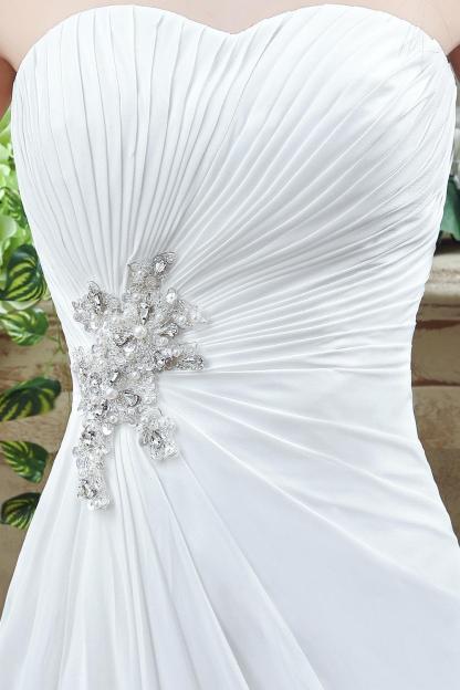 Strapless White Beadss Wedding Dress A-line Sweep Train
