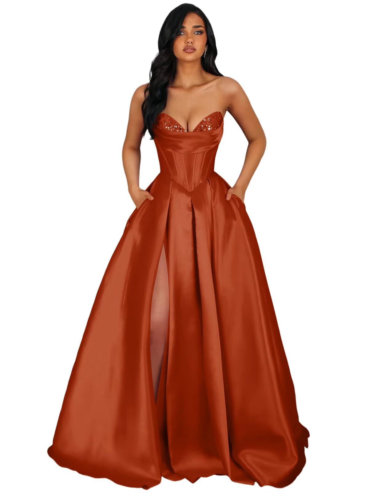 Strapless Satin Prom Dresses Long Formal Evening Cocktail Dress with Slit