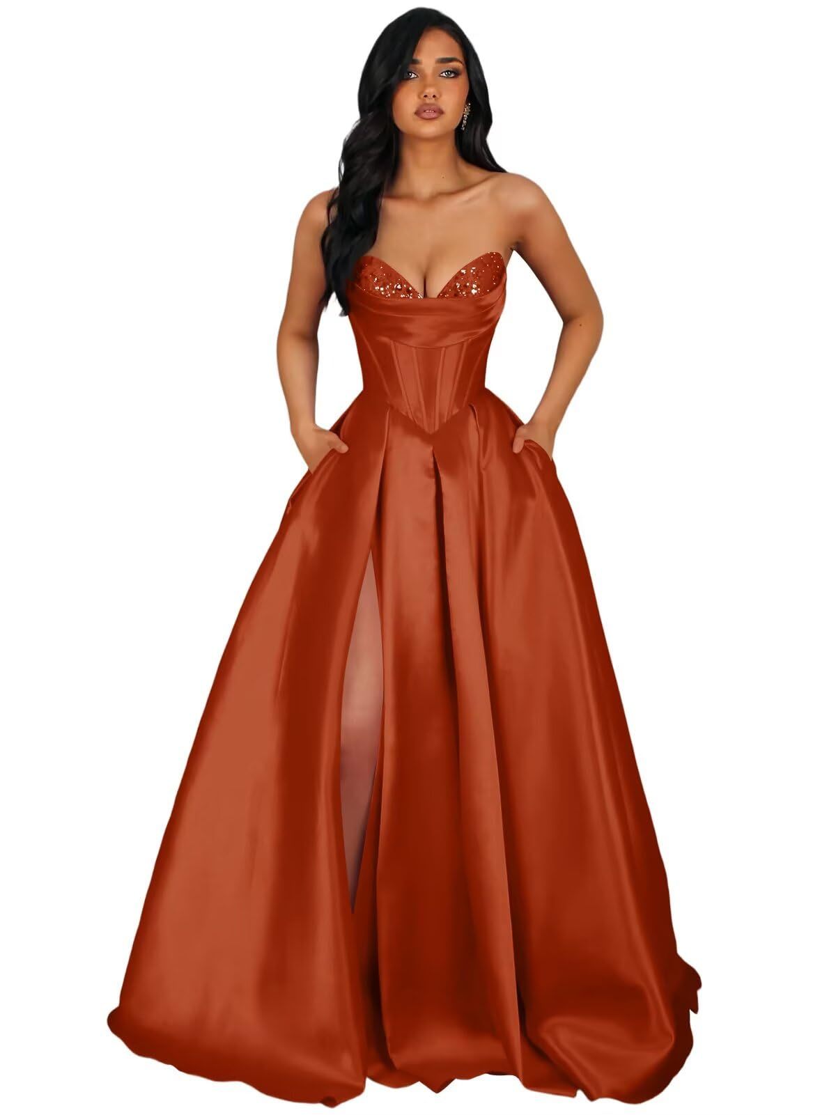Strapless Satin Prom Dresses Long Formal Evening Cocktail Dress with Slit