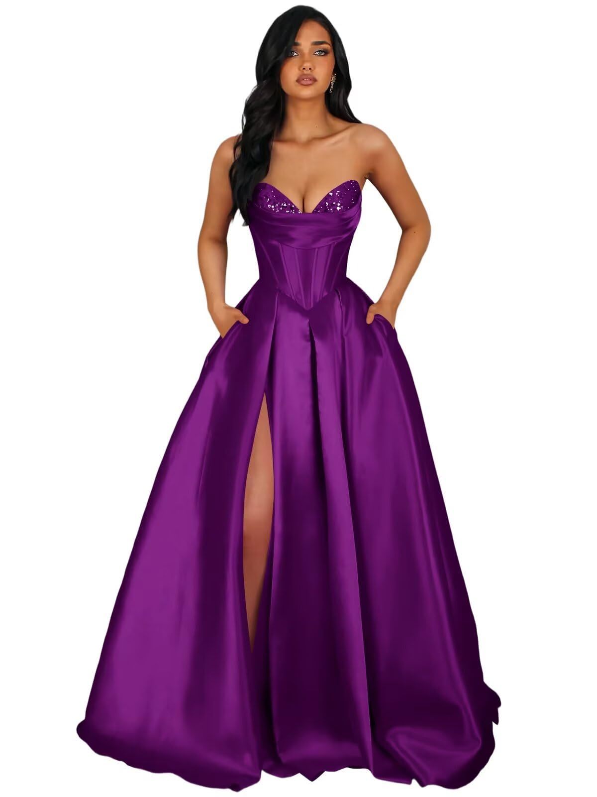 Strapless Satin Prom Dresses Long Formal Evening Cocktail Dress with Slit