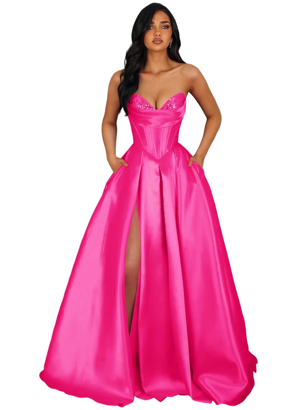 Strapless Satin Prom Dresses Long Formal Evening Cocktail Dress with Slit