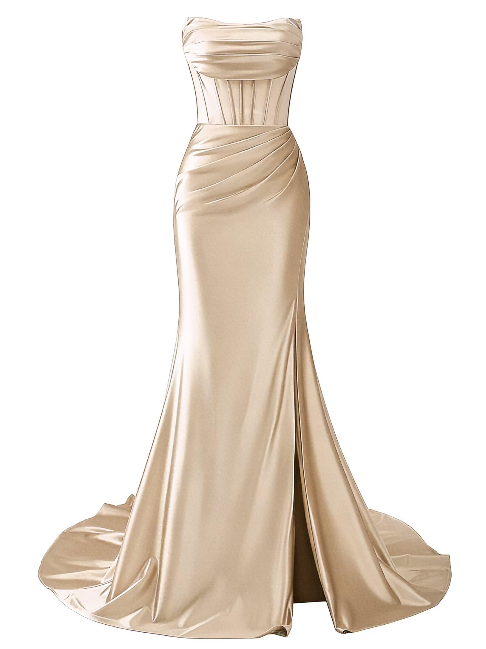 Strapless Satin Mermaid Long Prom Dresses with Slit 