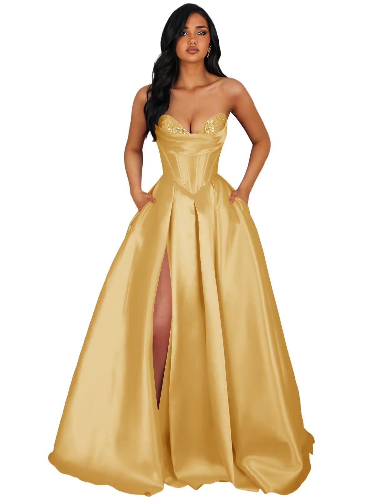 Strapless Satin Prom Dresses Long Formal Evening Cocktail Dress with Slit