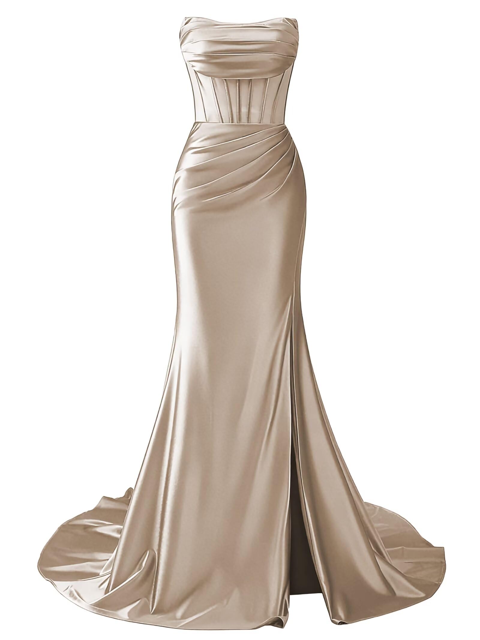 Strapless Satin Mermaid Long Prom Dresses with Slit 