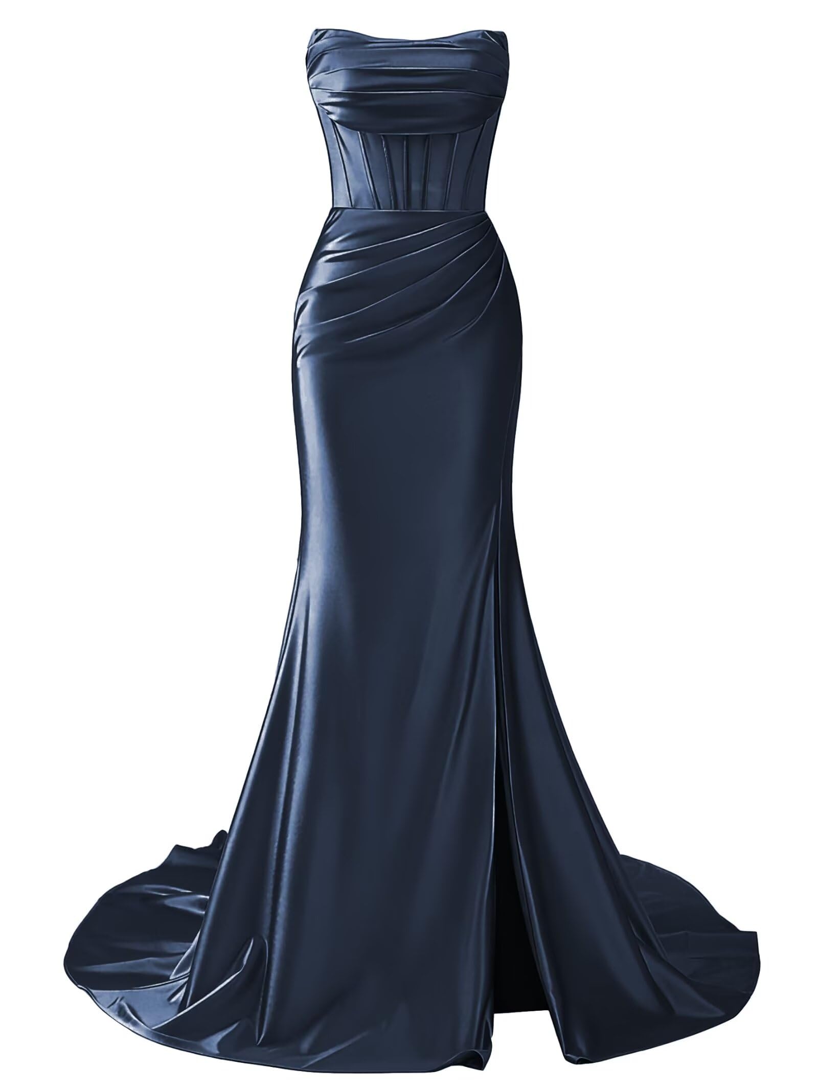 Strapless Satin Mermaid Long Prom Dresses with Slit 