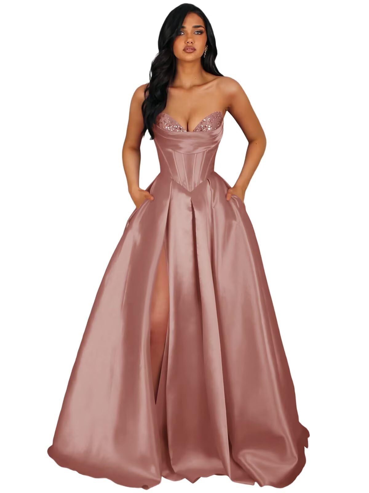 Strapless Satin Prom Dresses Long Formal Evening Cocktail Dress with Slit