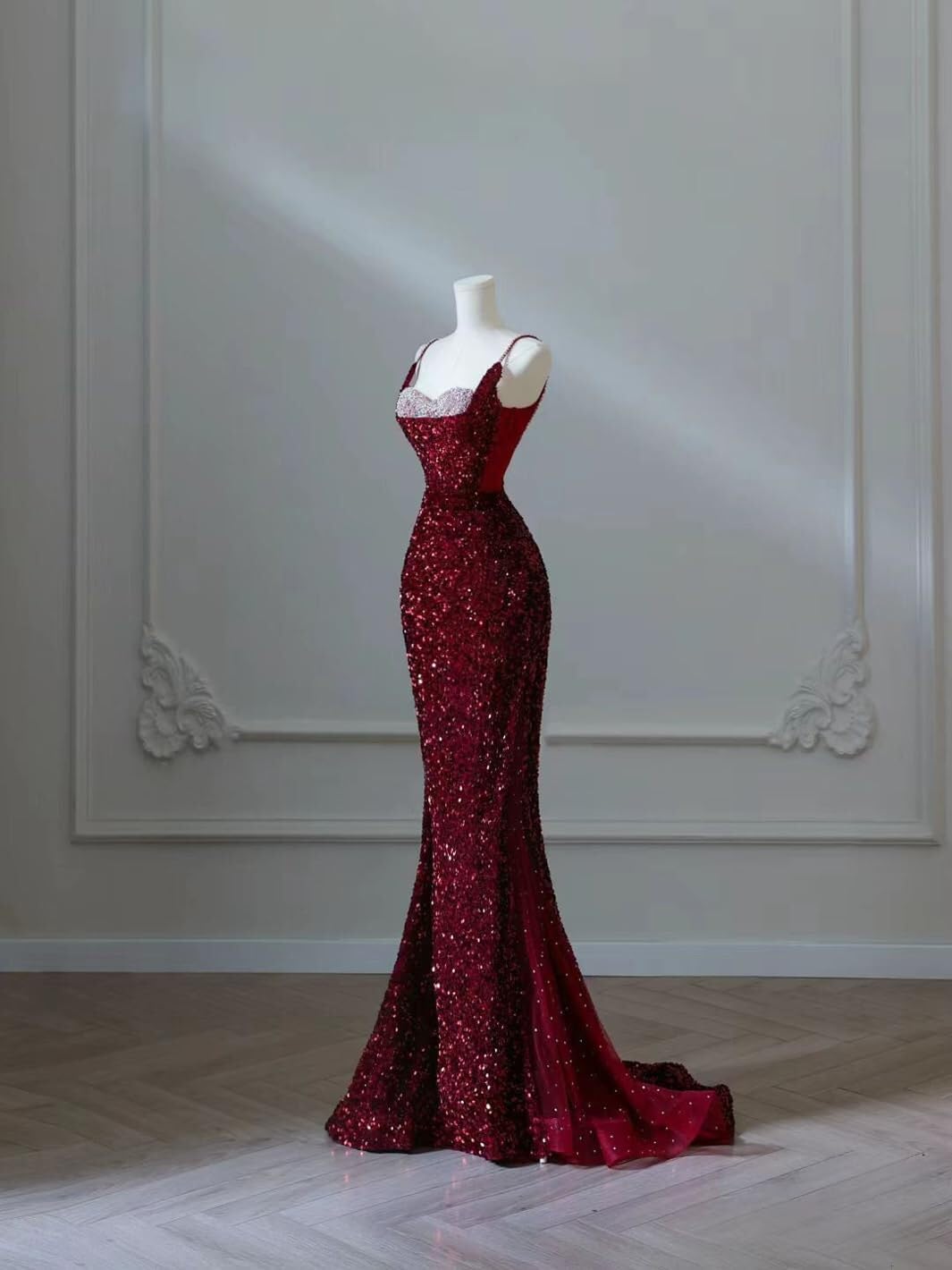Spaghetti Straps Sequin Mermaid Long Prom Dresses  with Slit