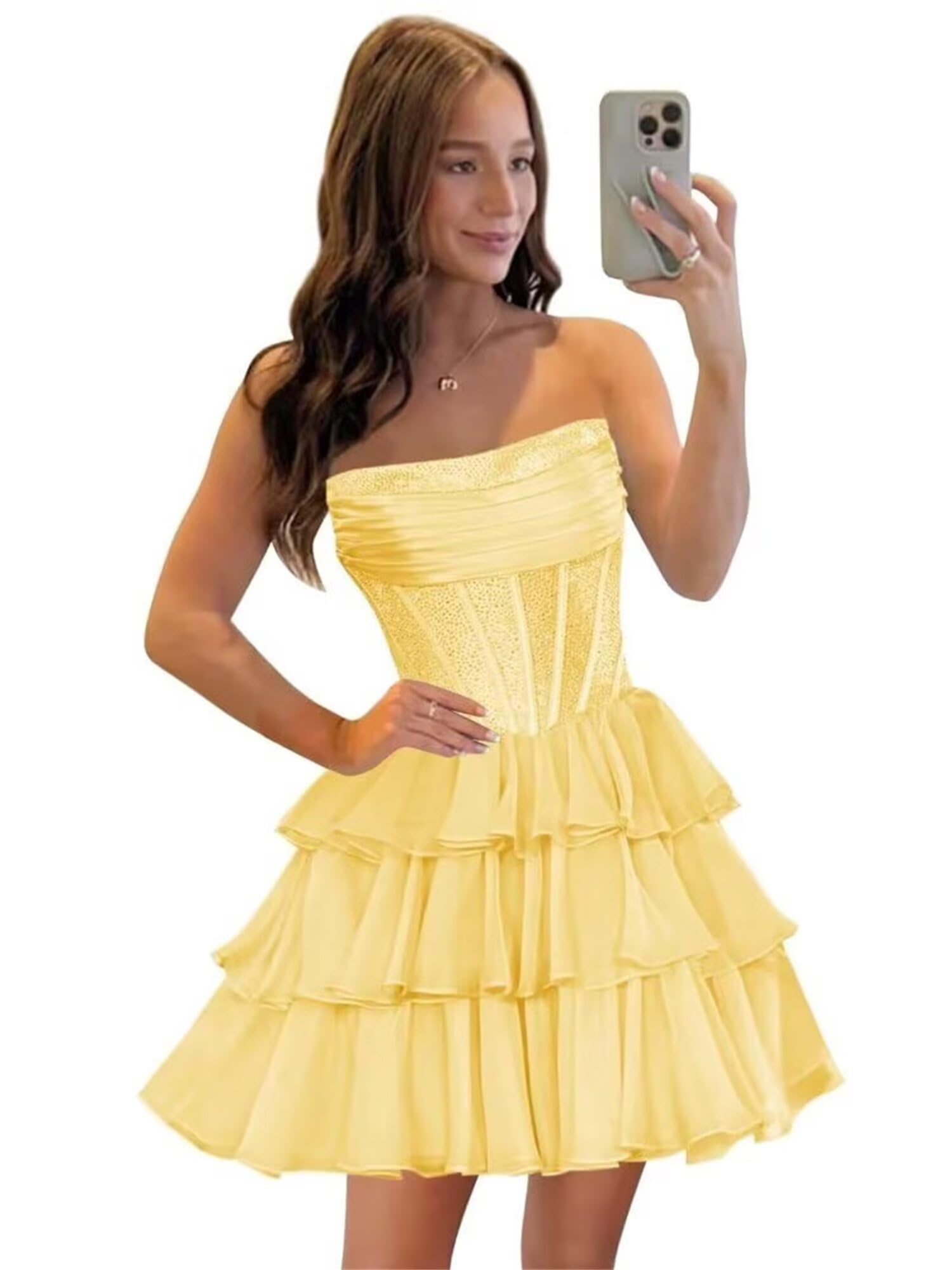 Sequin Chiffon Tiered A-Line Homecoming Dresses | Short Prom Dresses