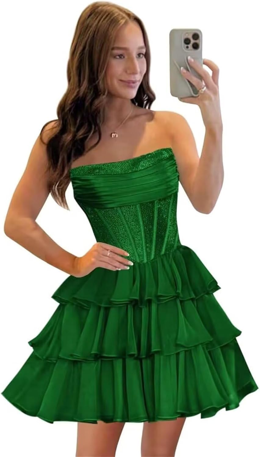  Sequin Chiffon Tiered A-Line Homecoming Dresses | Short Prom Dresses