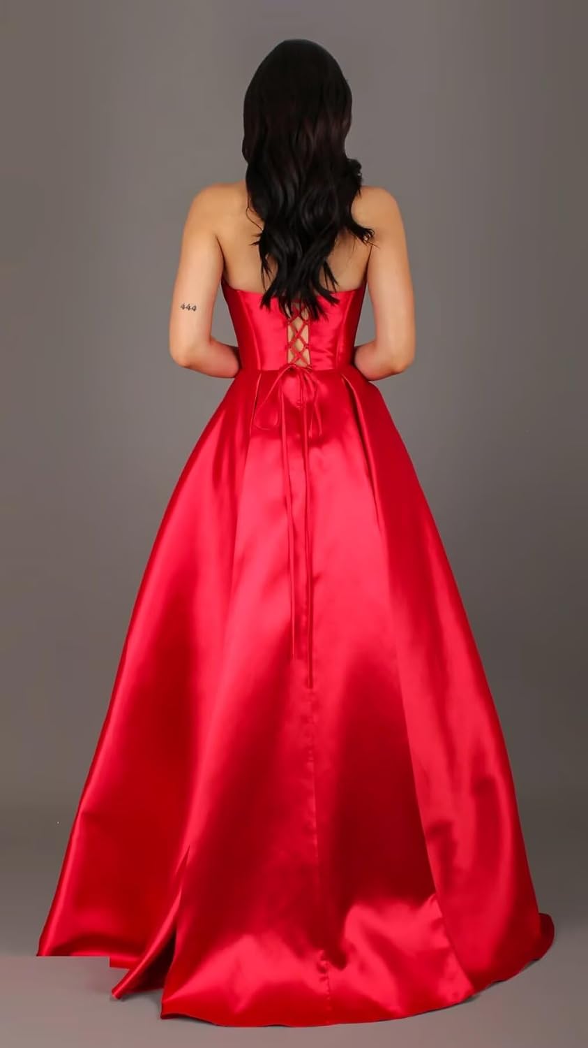 Strapless Satin Prom Dresses Long Formal Evening Cocktail Dress with Slit