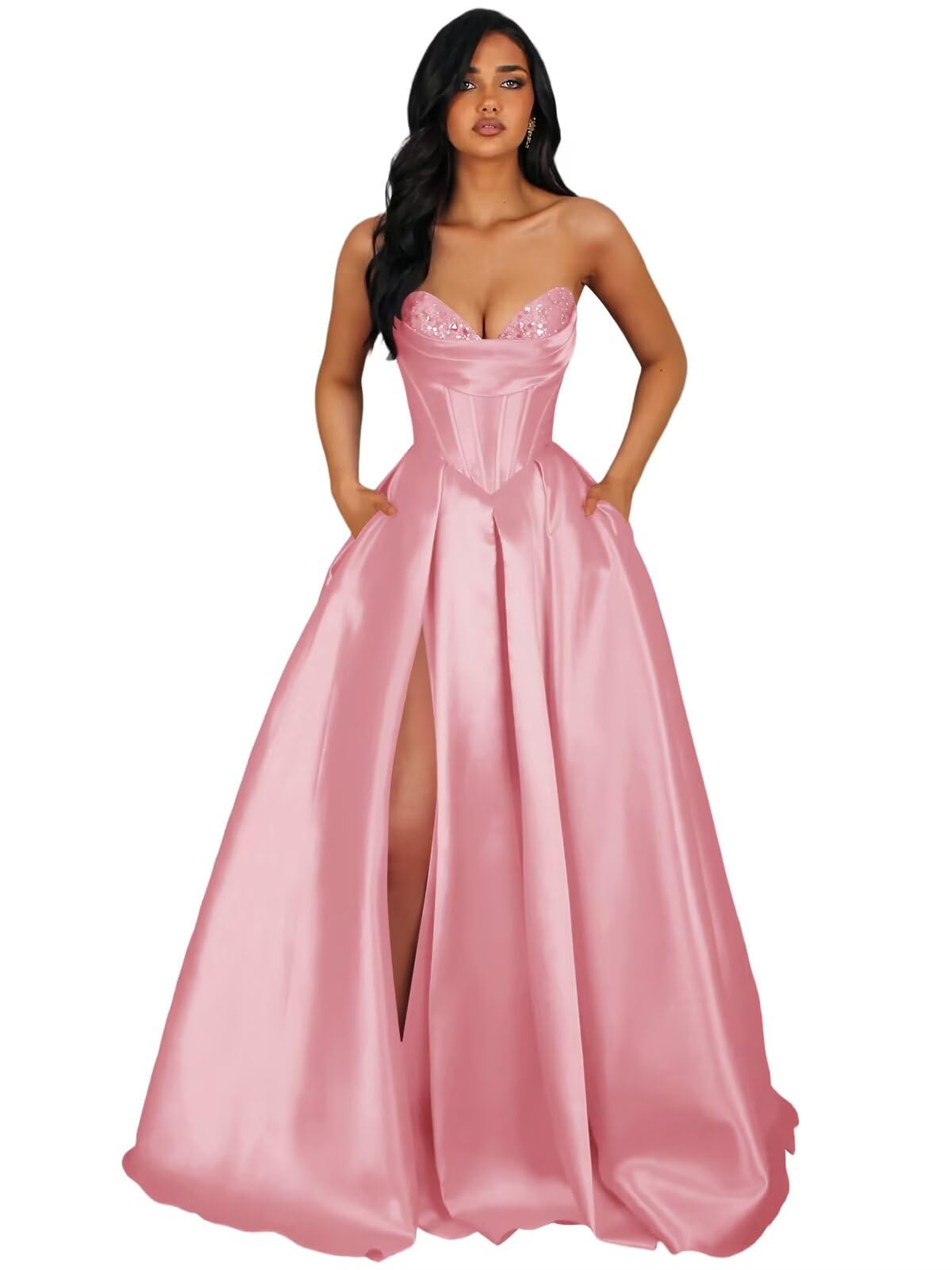 Strapless Satin Prom Dresses Long Formal Evening Cocktail Dress with Slit
