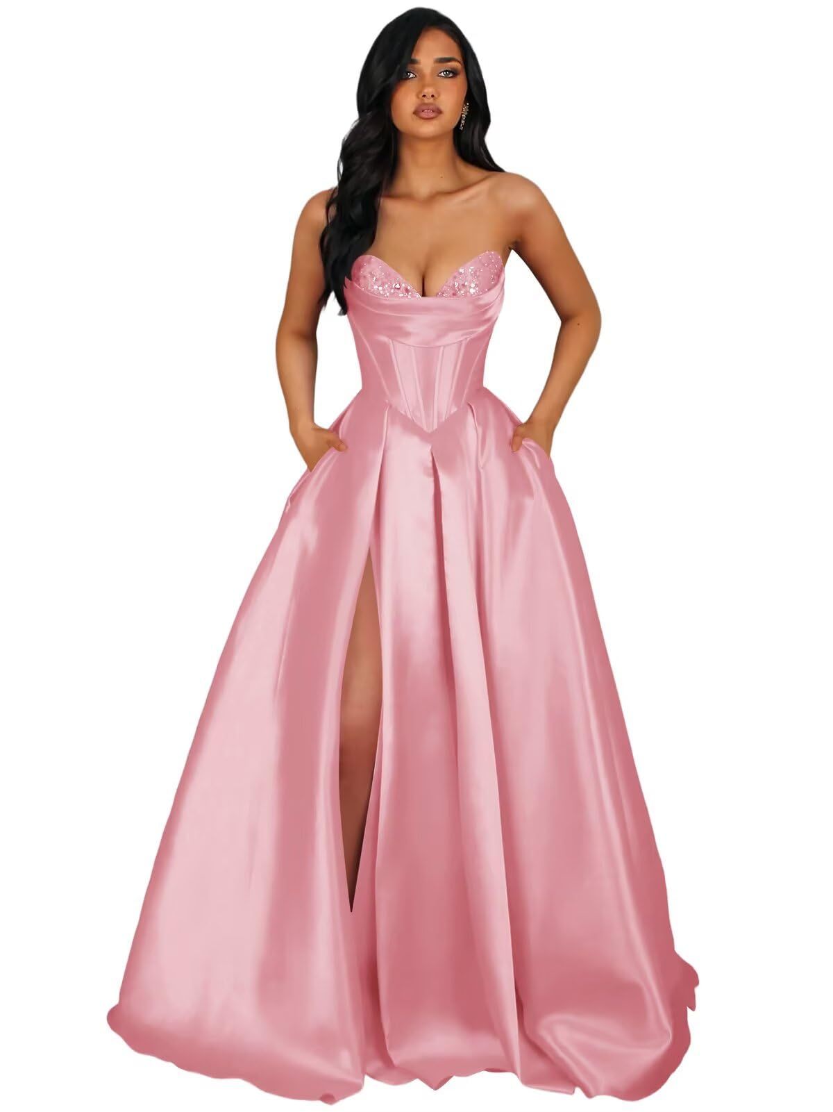 Strapless Satin Prom Dresses Long Formal Evening Cocktail Dress with Slit