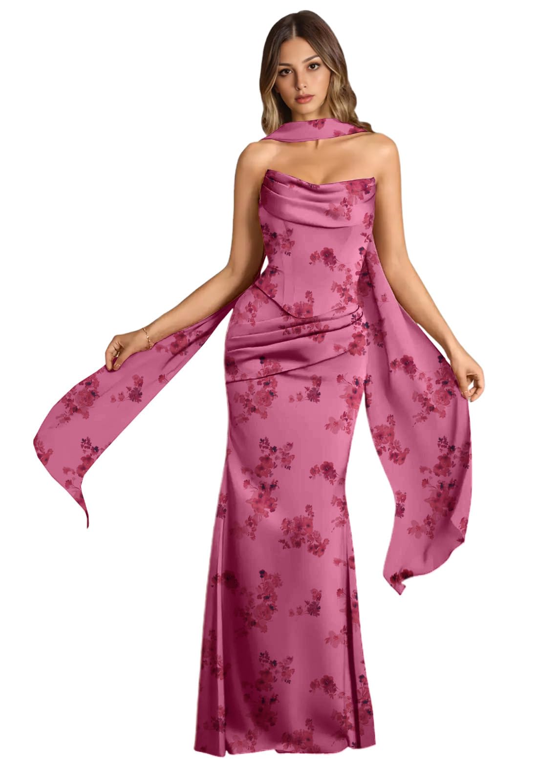 Strapless Satin with Scarf Convertible Long Mermaid Prom Dresses