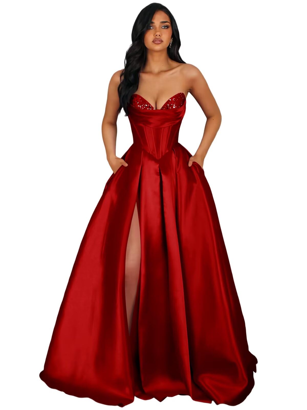Strapless Satin Prom Dresses Long Formal Evening Cocktail Dress with Slit
