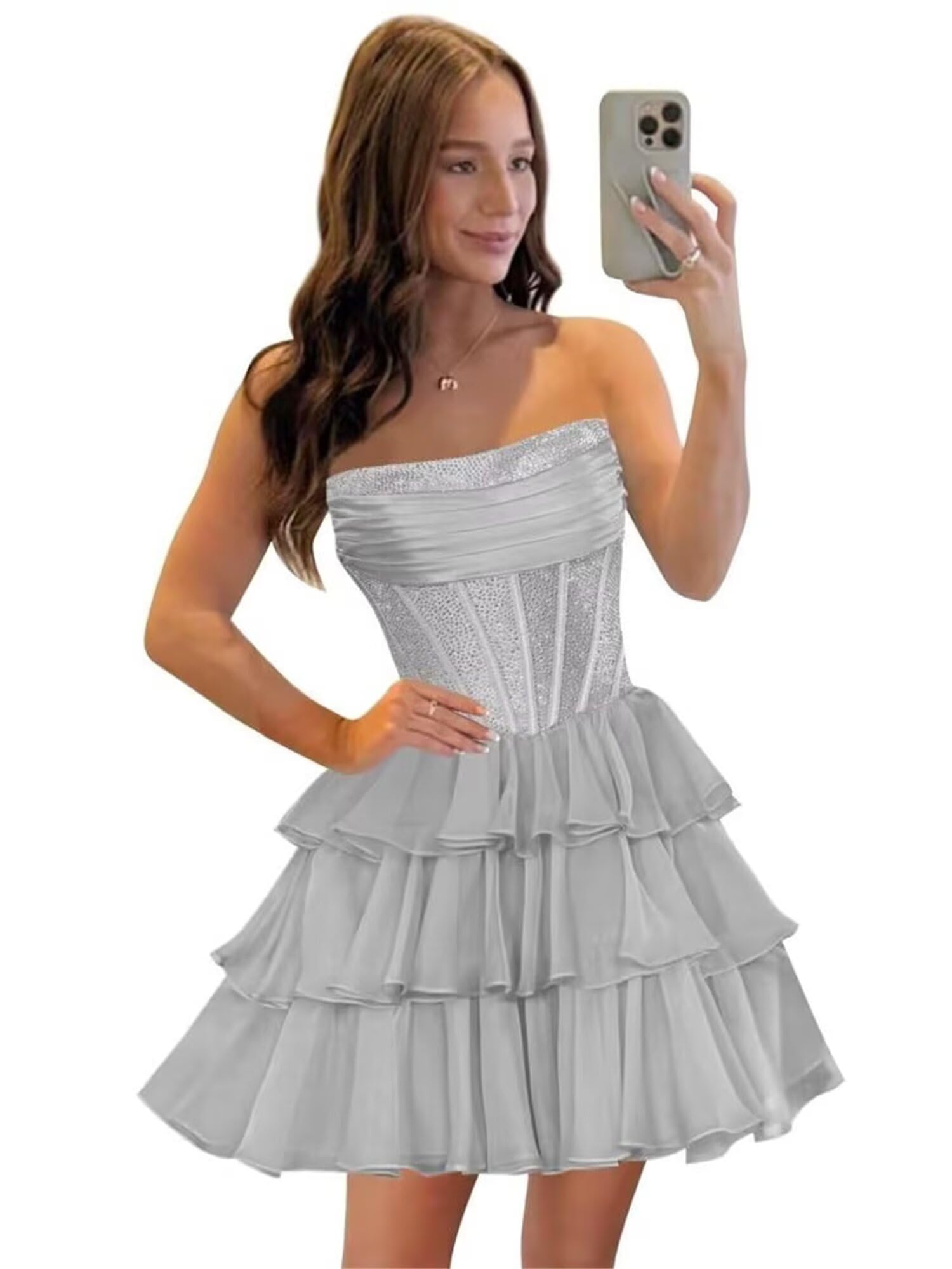  Sequin Chiffon Tiered A-Line Homecoming Dresses | Short Prom Dresses