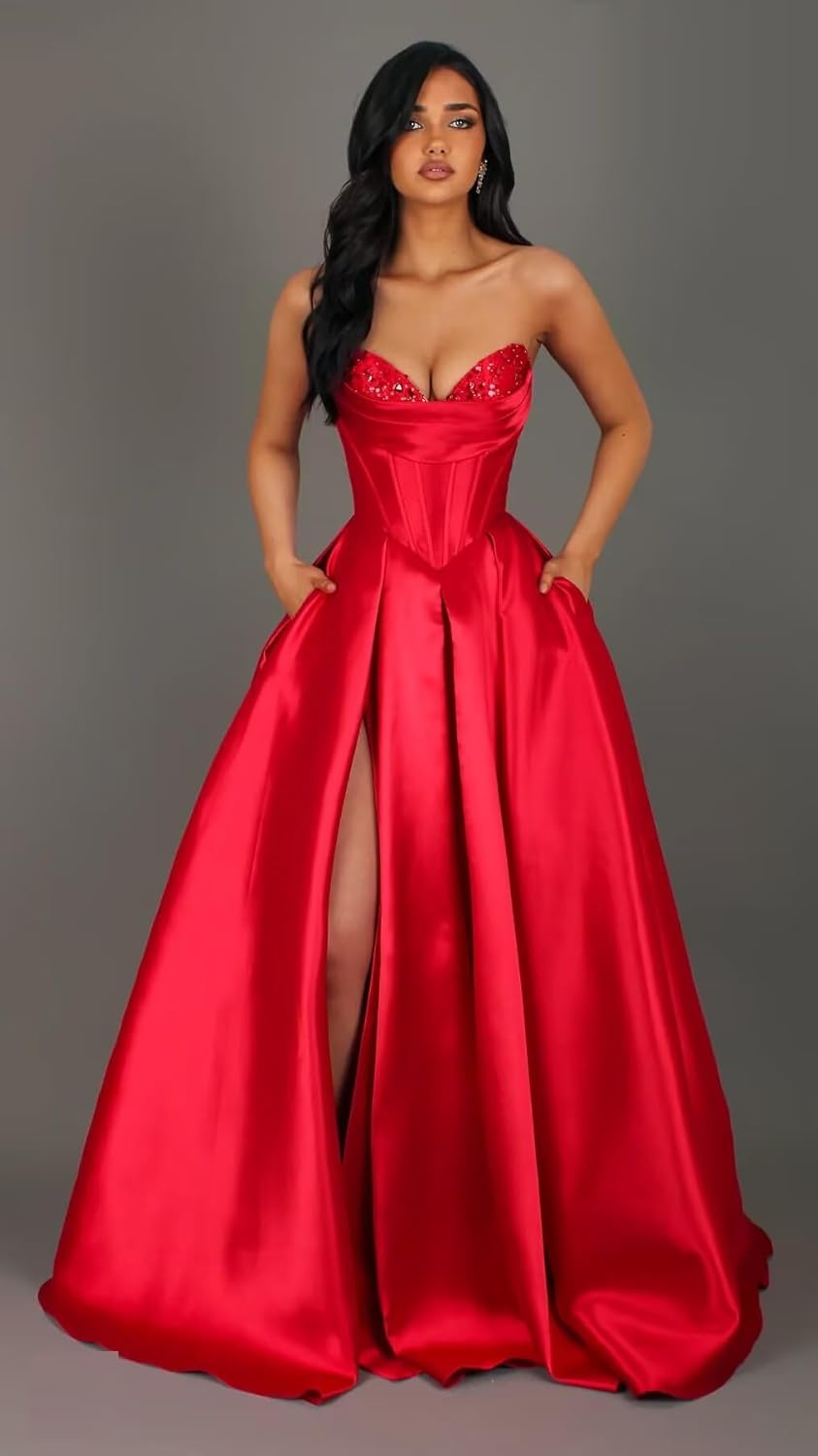 Strapless Satin Prom Dresses Long Formal Evening Cocktail Dress with Slit