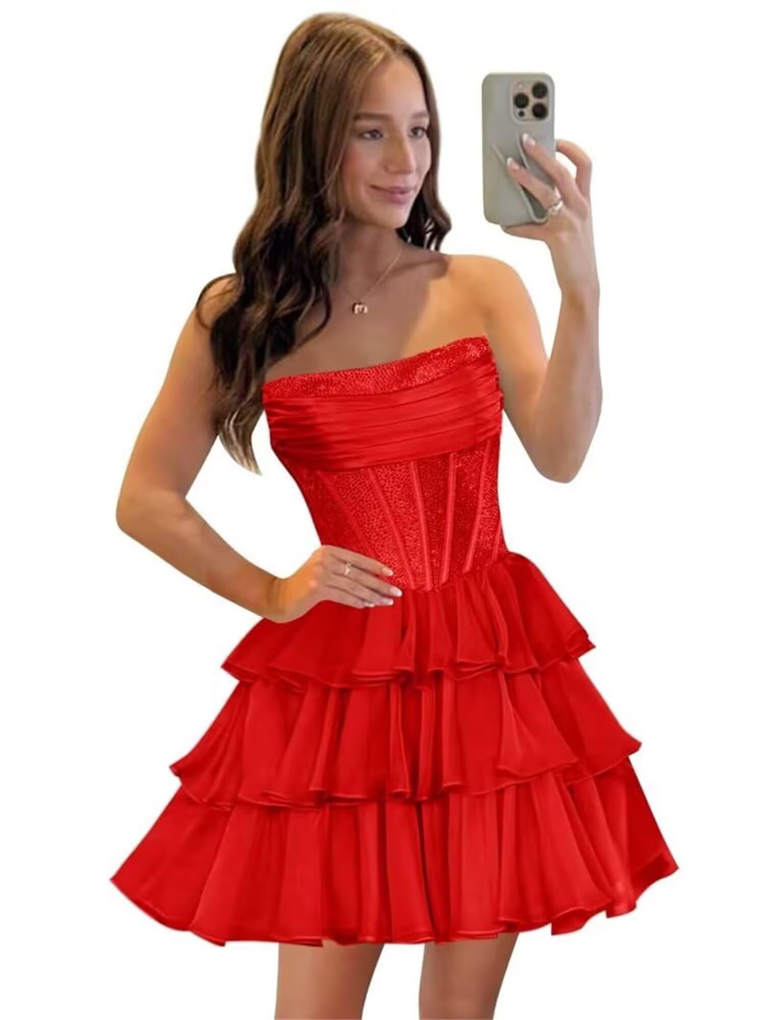  Sequin Chiffon Tiered A-Line Homecoming Dresses | Short Prom Dresses