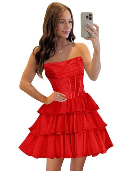 Sequin Chiffon Tiered A-Line Homecoming Dresses | Short Prom Dresses