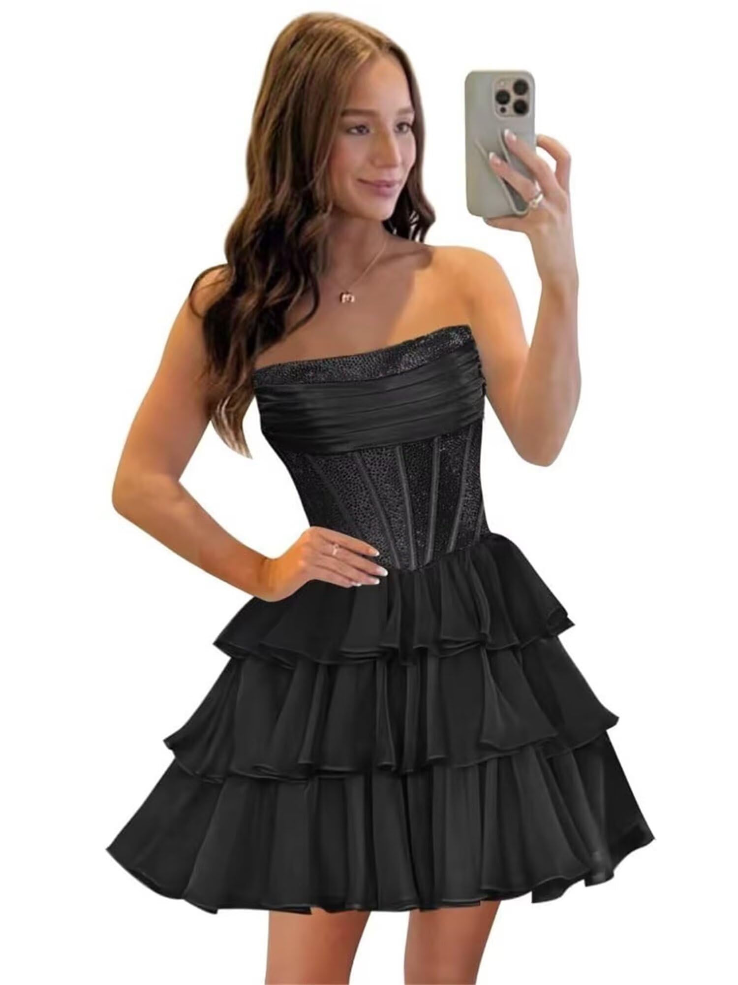  Sequin Chiffon Tiered A-Line Homecoming Dresses | Short Prom Dresses