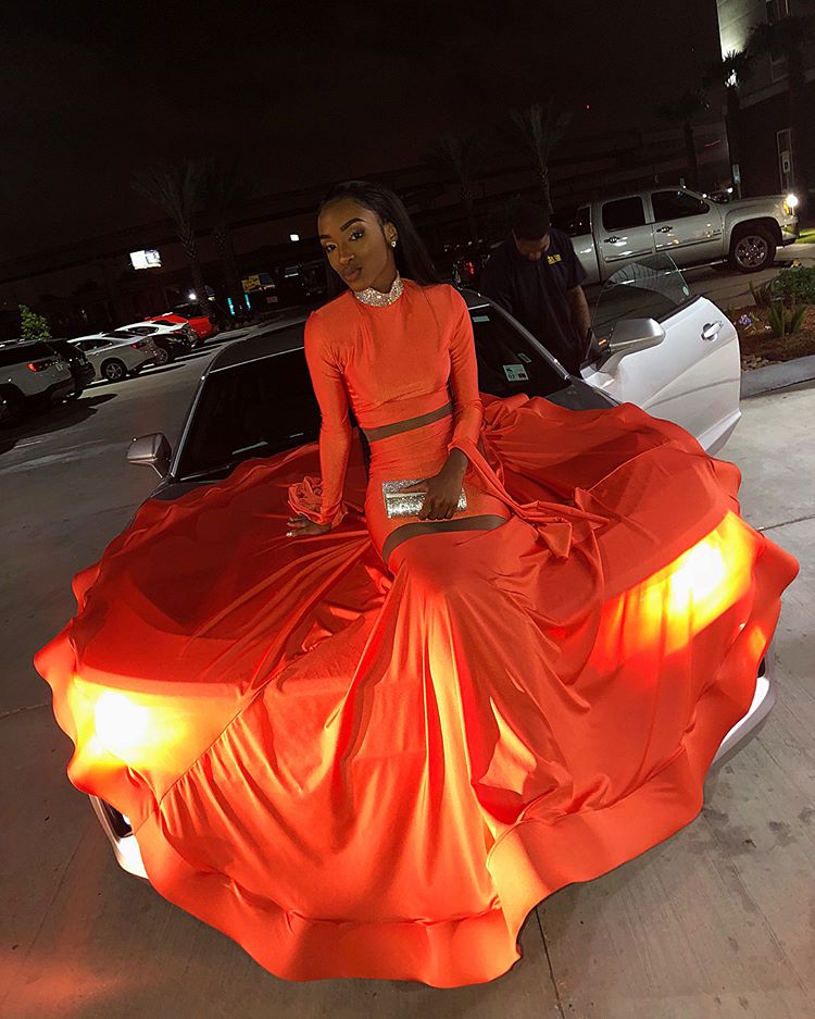 Elegant Orange Long-Sleeves High-Neck Elegant Trumpt Long Prom Dress UK