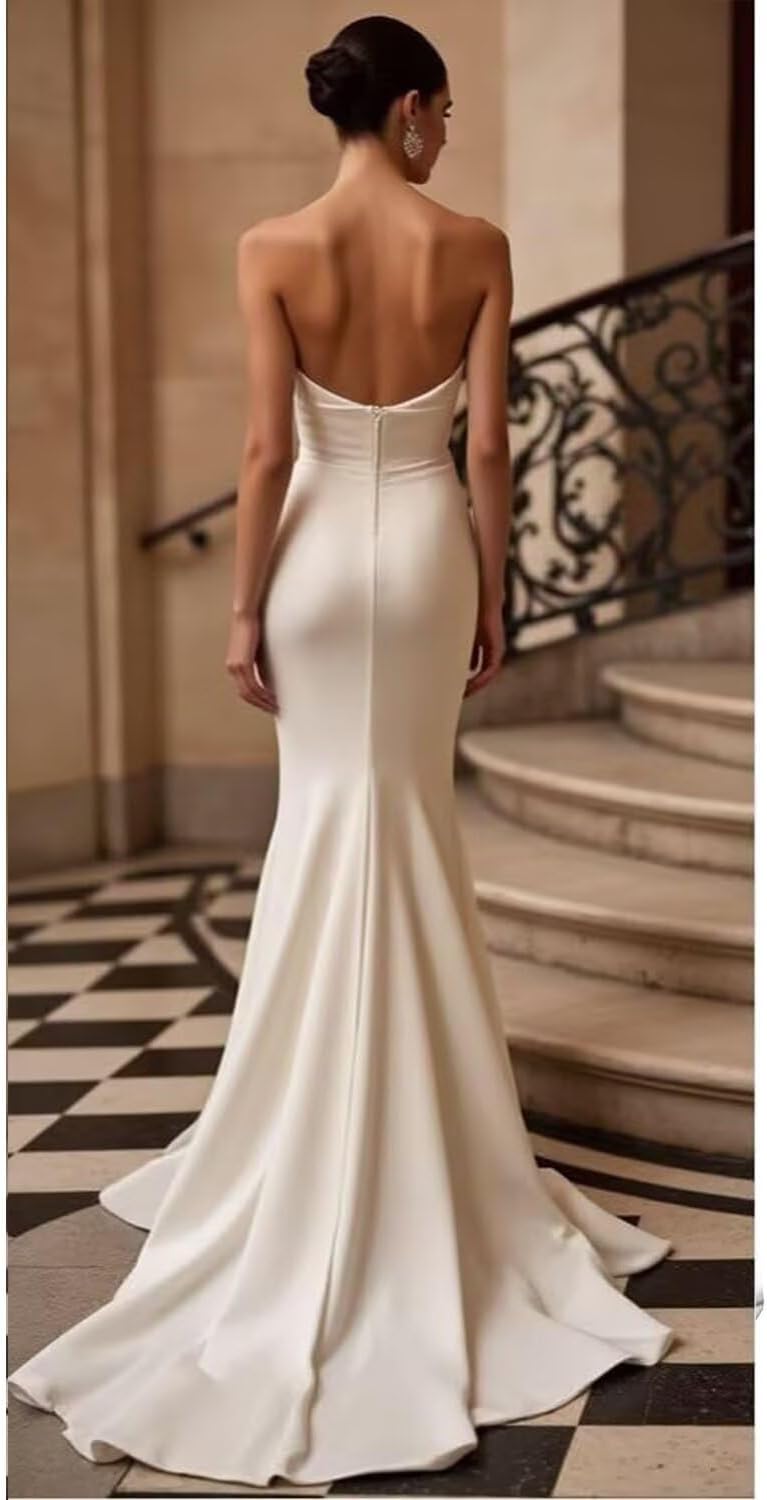 White Strapless Satin Mermaid Lace Wedding Dresses Floor Length