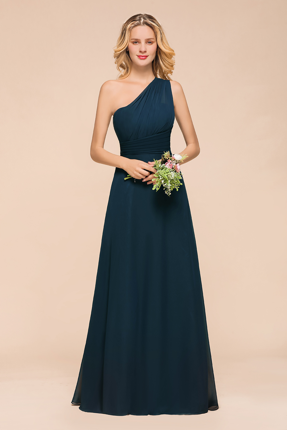 Chic One Shoulder Chiffon Long Navy Bridesmaid Dress