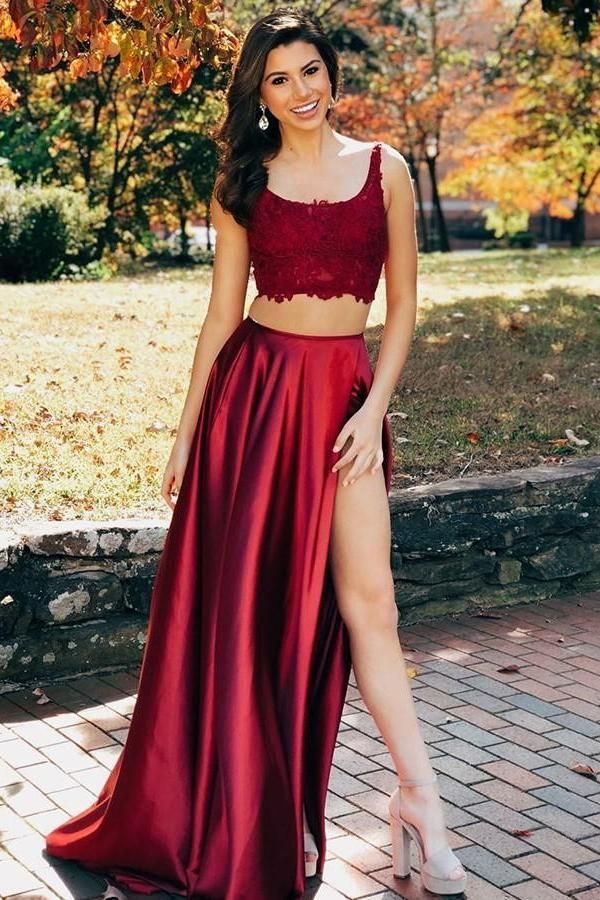 Lace Appliques Two Piece Scoop Prom Dress UKes UK Side slit Lace-Up Sleeveless Evening Dress UKes UK