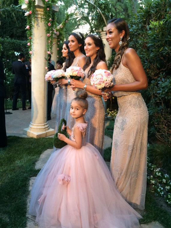 Delicate Pink Tulle Flowers Girl Pageant Dress Sweep Train