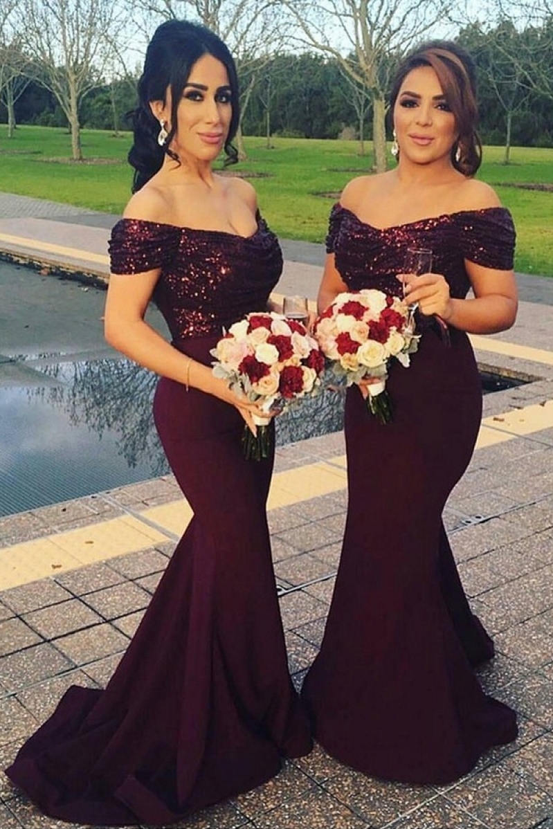 Dark-Green Sequins-Top Off-the-Shoulder Mermaid Evening Gowns BA3962