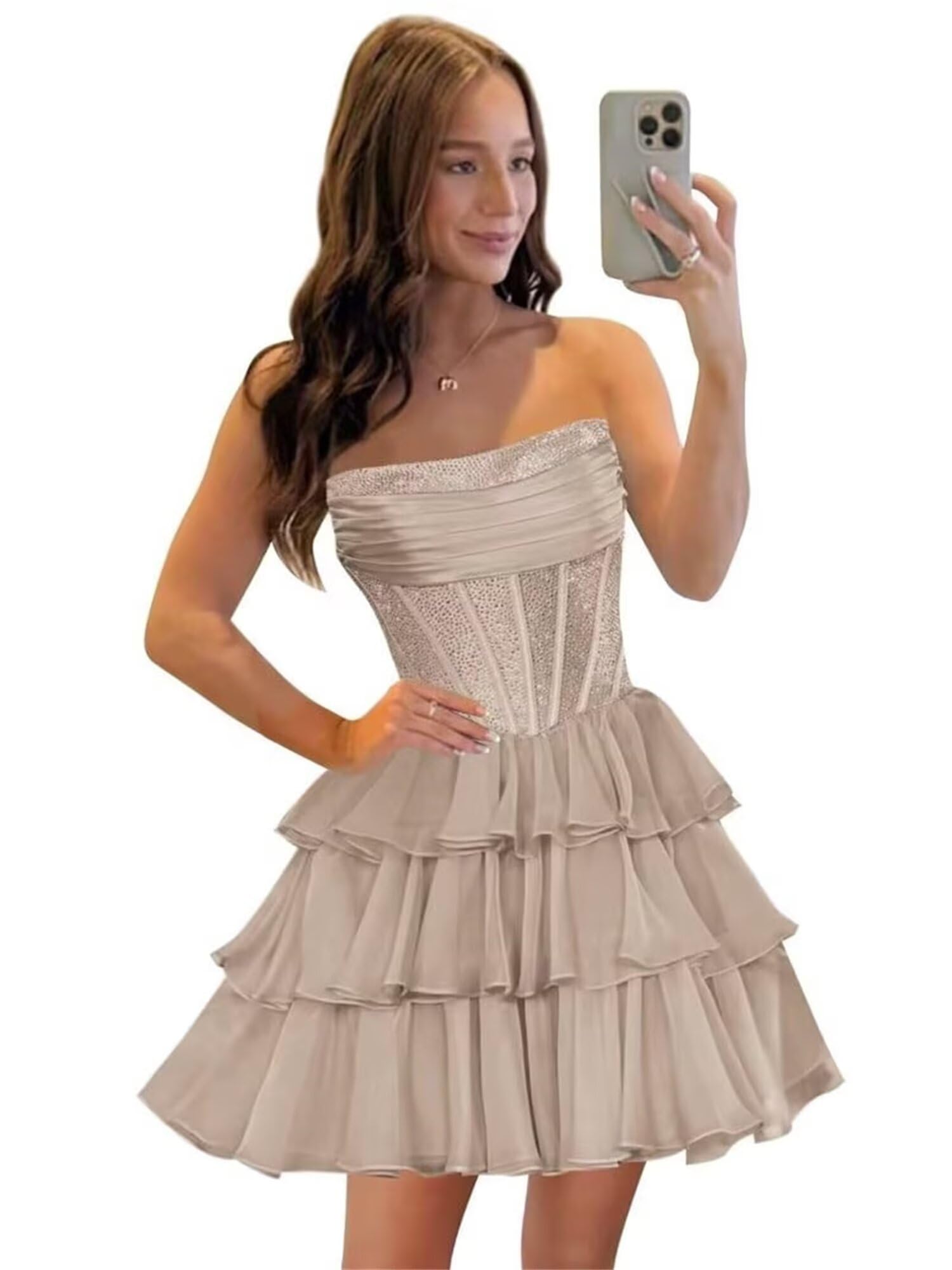  Sequin Chiffon Tiered A-Line Homecoming Dresses | Short Prom Dresses