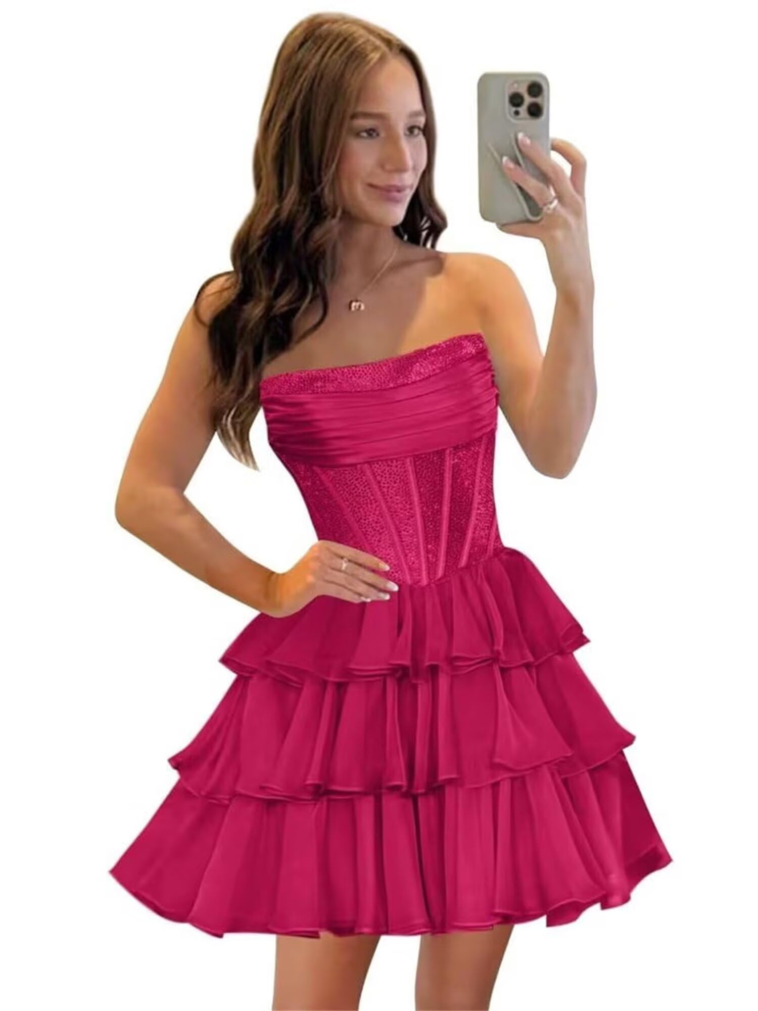 Sequin Chiffon Tiered A-Line Homecoming Dresses | Short Prom Dresses